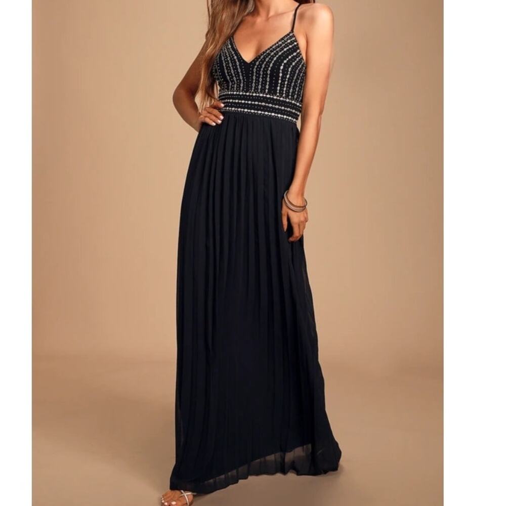 Lulus Glamorous Gala Black Embroidered Maxi Dress Womens Small Beaded Open Back